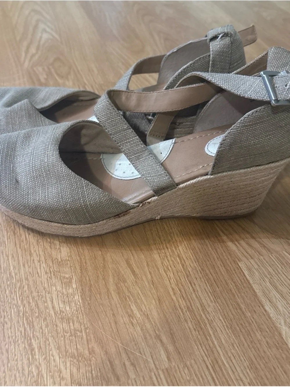 b.o.c. Neutral Taupe Crisscross Canvas Wedge Sandals